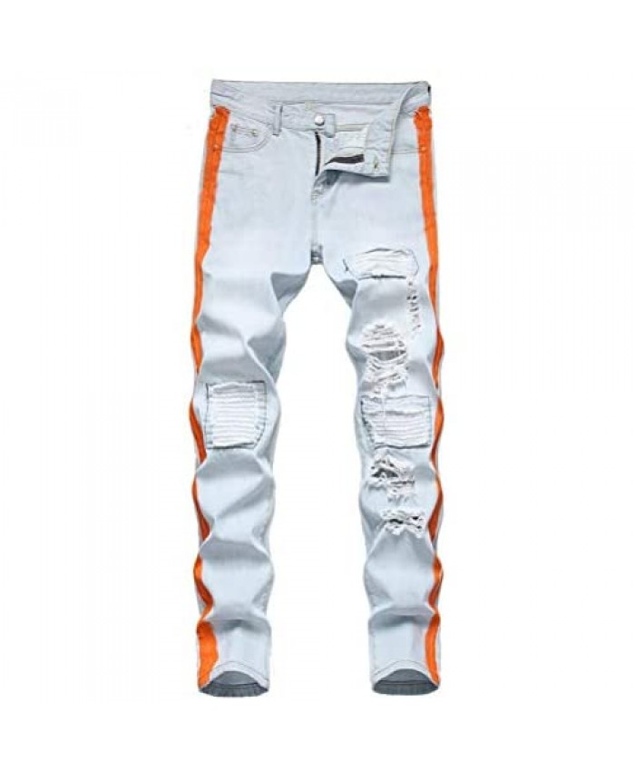 IDEALSANXUN Men’s Printed Pattern Biker Jeans Ripped Slim Denim Pants