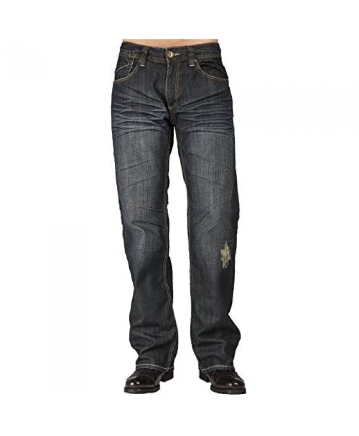 Level 7 Men's Relaxed Bootcut Premium Denim Jeans Vintage Dark Hand Rub Whiskering