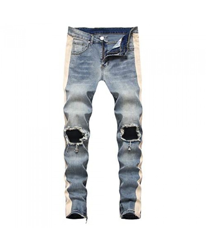 LONGBIDA Men's Slim Fit Skinny Jeans Stretch Destroyed Ripped Side Striped Ankle Zipper Pants