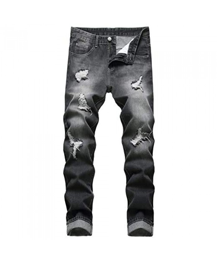 LUCKAMILEE Men's Ripped Jeans Distressed Fashion Regular Slim Fit Straight Leg Denim Pants Trousers