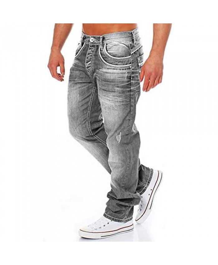 ZIWOCH Mens Jeans Relaxed Fit Blue Stretch Jeans Washed Destroyed Denim Baggy Straight Trousers
