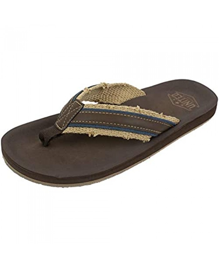 UNITED SUPPLY CO. Men's Sandal with Arch Support Flip Flop Sandal Classic Casual and Comfortable Frayed Webbing Brown Navy size 8 to 13